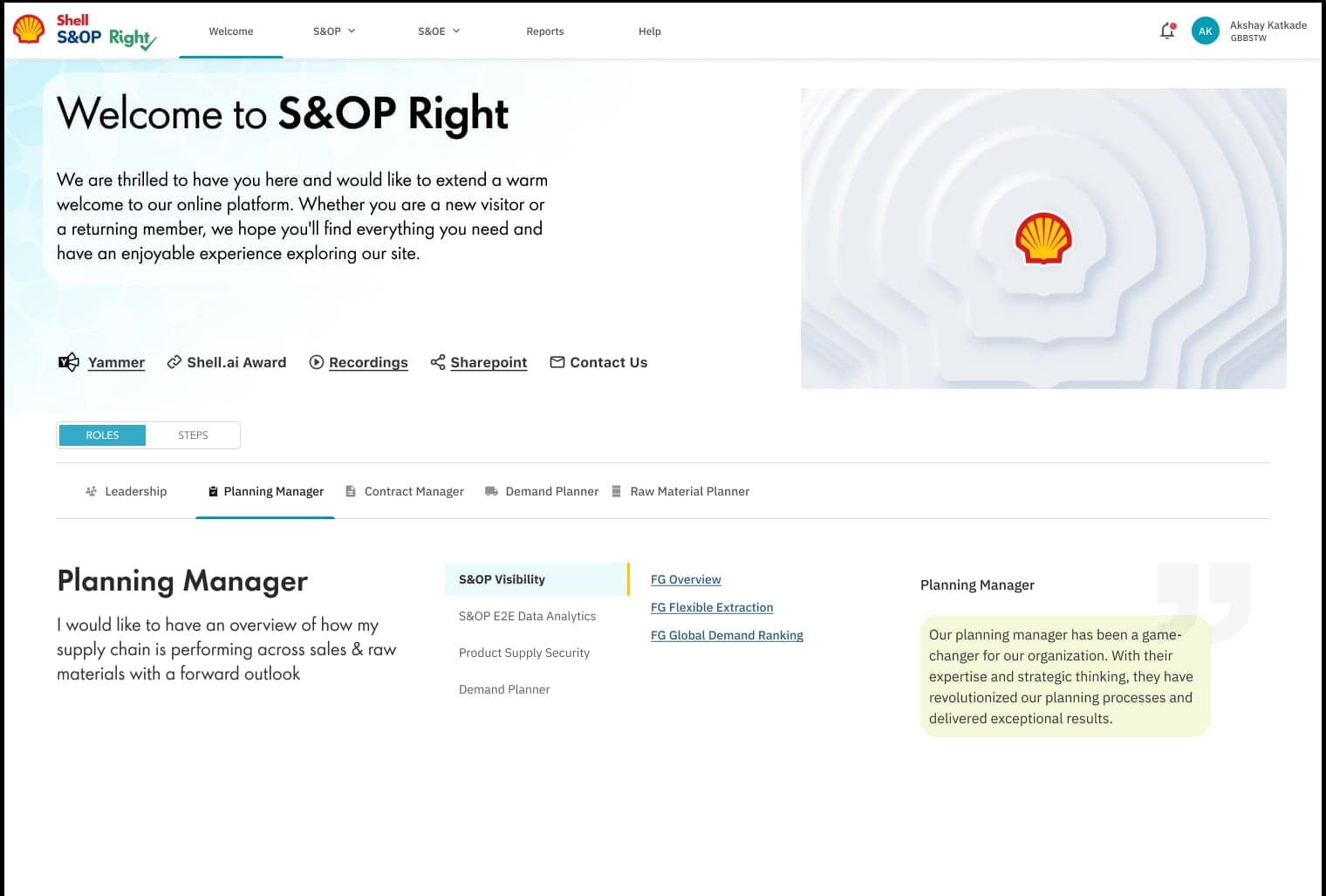 Visual exploration for the S&OP Right welcome page, with navigation, a welcome panel and a planning-manager view.
